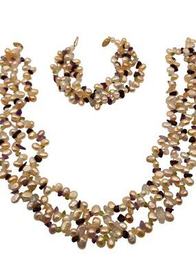 Vintage Freshwater Pearl Gemstone Necklace Bracelet Set Multicolor 14K Gold Clas